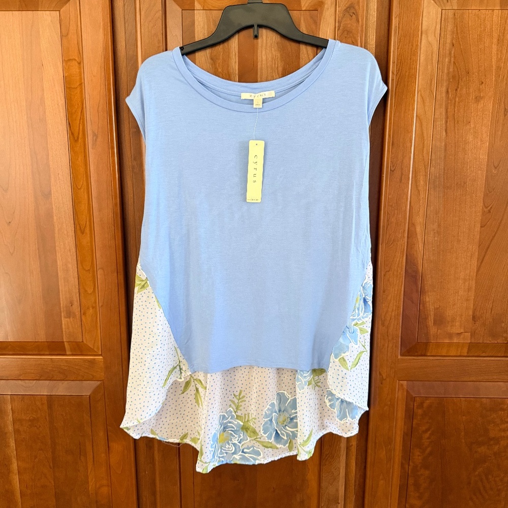 Cyrus light blue and floral cap sleeve blouse NWT L